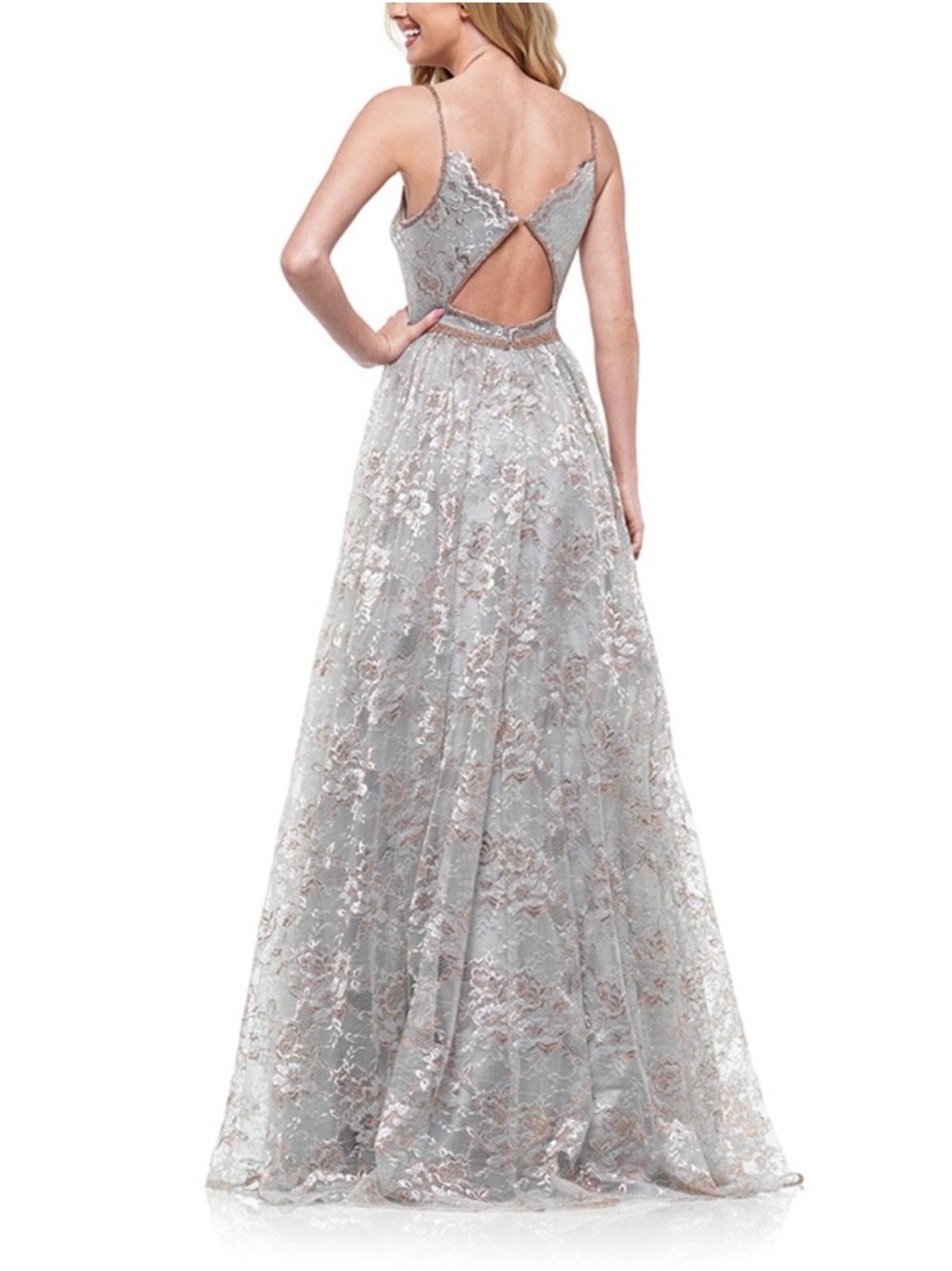 Elegant Silver & Gold Long Floral Lace Evening Gown by Colors Dress Size 14‎ - Picture 2 of 16